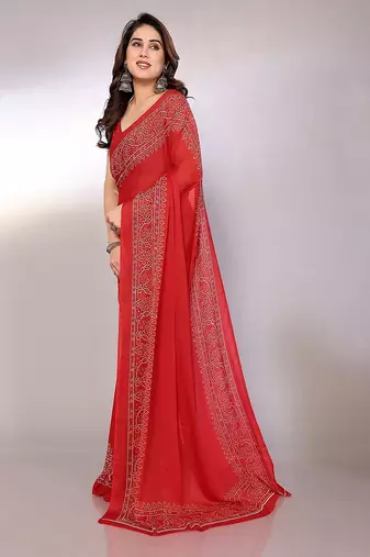 red printed bandhani chiffon self design saree  with blouse 
