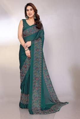 green printed bandhani chiffon self design saree  with blouse  1