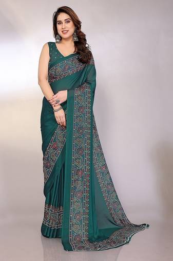green printed bandhani chiffon self design saree with blouse 