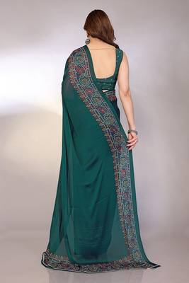 green printed bandhani chiffon self design saree  with blouse  2