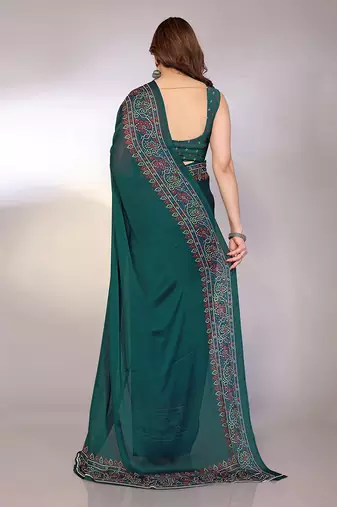 green printed bandhani chiffon self design saree  with blouse 