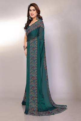 green printed bandhani chiffon self design saree  with blouse  3