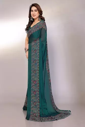 green printed bandhani chiffon self design saree  with blouse 