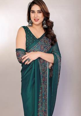 green printed bandhani chiffon self design saree  with blouse  4