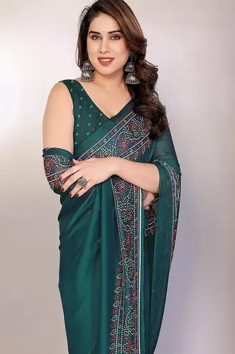 green printed bandhani chiffon self design saree  with blouse 