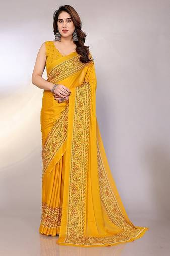 yellow printed bandhani chiffon self design saree with blouse 