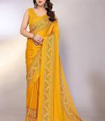yellow printed bandhani chiffon self design saree with blouse 