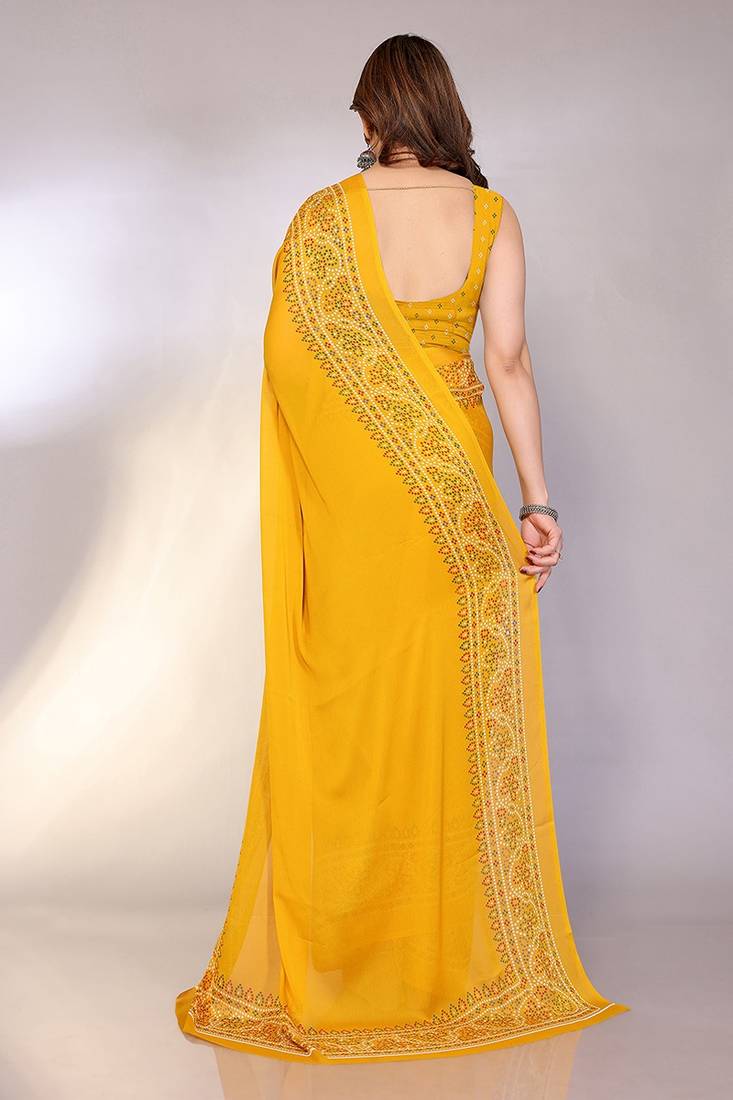 yellow printed bandhani chiffon self design saree with blouse 