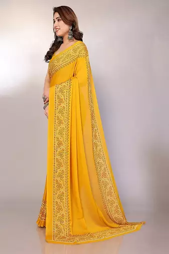 yellow printed bandhani chiffon self design saree  with blouse 