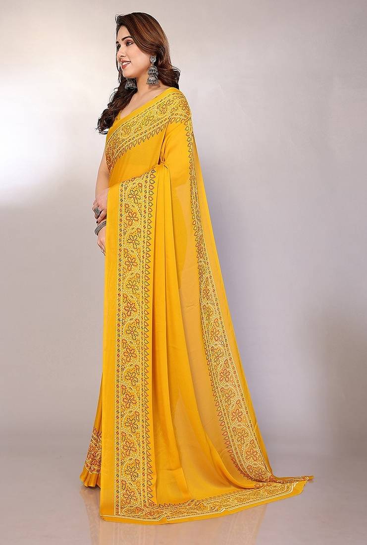 yellow printed bandhani chiffon self design saree with blouse 
