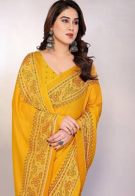 yellow printed bandhani chiffon self design saree  with blouse  4