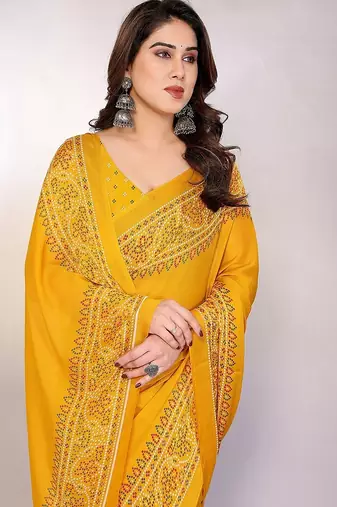 yellow printed bandhani chiffon self design saree  with blouse 