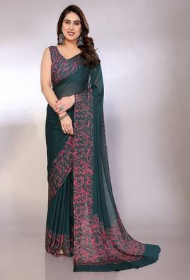green printed hand batik chiffon, georgette saree with blouse  1