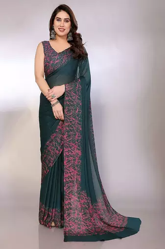 green printed hand batik chiffon, georgette saree with blouse 