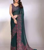 green printed hand batik chiffon, georgette saree with blouse 