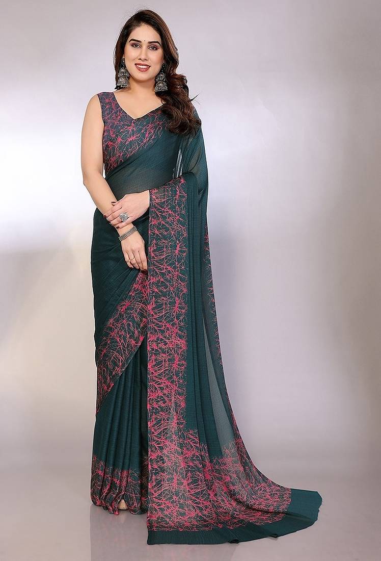 green printed hand batik chiffon, georgette saree with blouse 