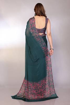 green printed hand batik chiffon, georgette saree with blouse  2
