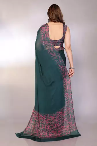 green printed hand batik chiffon, georgette saree with blouse 