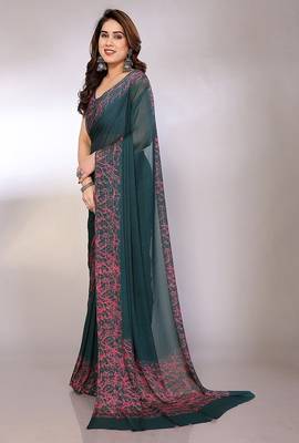 green printed hand batik chiffon, georgette saree with blouse  3