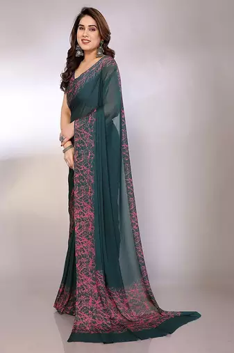 green printed hand batik chiffon, georgette saree with blouse 