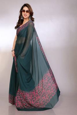 green printed hand batik chiffon, georgette saree with blouse  4