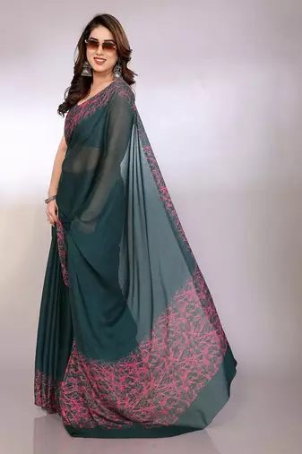 green printed hand batik chiffon, georgette saree with blouse 