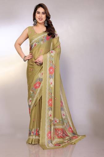 olive printed hand batik chiffon, georgette saree with blouse