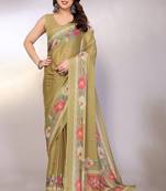 olive printed hand batik chiffon, georgette saree with blouse