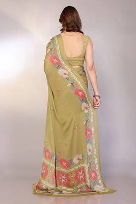olive printed hand batik chiffon, georgette saree  with blouse 2