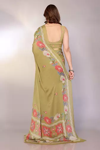 olive printed hand batik chiffon, georgette saree  with blouse
