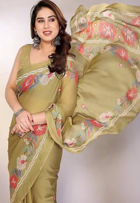 olive printed hand batik chiffon, georgette saree  with blouse 4