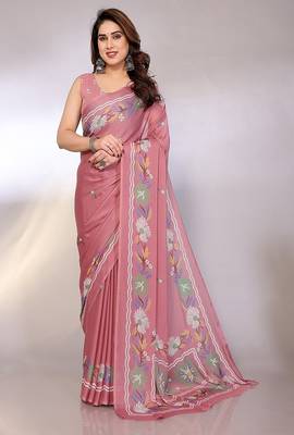 peach printed hand batik chiffon, georgette saree  with blouse 1