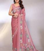 peach printed hand batik chiffon, georgette saree with blouse