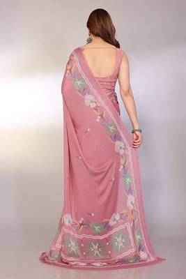 peach printed hand batik chiffon, georgette saree  with blouse 2
