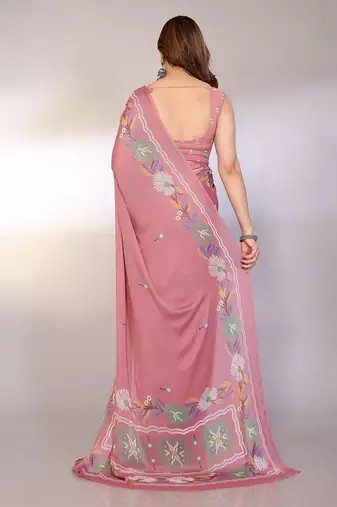 peach printed hand batik chiffon, georgette saree  with blouse