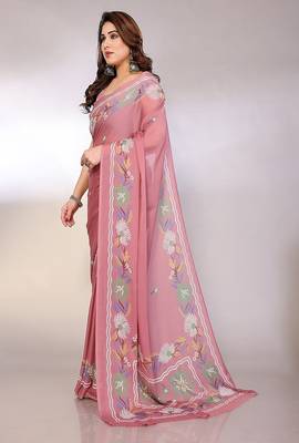 peach printed hand batik chiffon, georgette saree  with blouse 3
