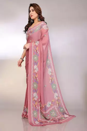 peach printed hand batik chiffon, georgette saree  with blouse