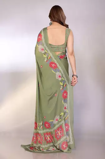 green printed hand batik chiffon, georgette saree  with blouse