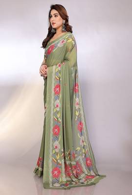 green printed hand batik chiffon, georgette saree  with blouse 3