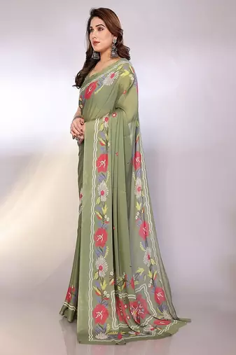 green printed hand batik chiffon, georgette saree  with blouse