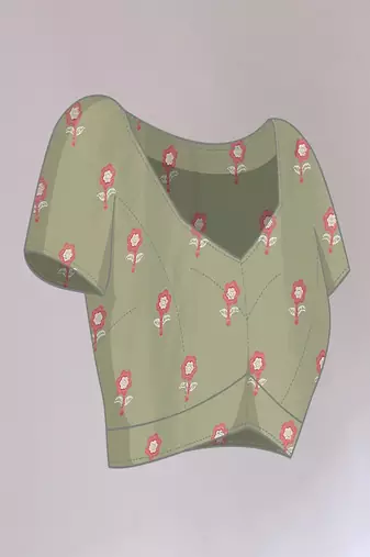 green printed hand batik chiffon, georgette saree  with blouse