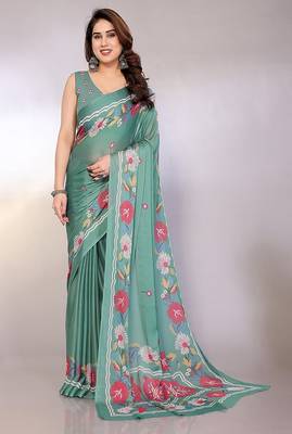 teal printed hand batik chiffon, georgette saree  with blouse 1