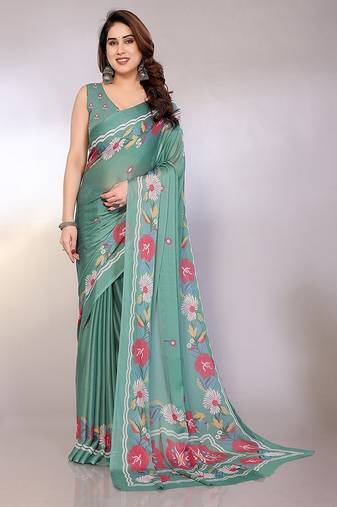 teal printed hand batik chiffon, georgette saree with blouse