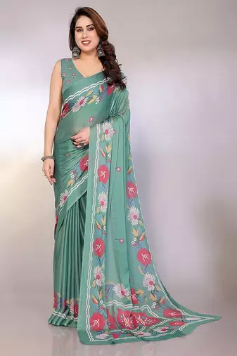 teal printed hand batik chiffon, georgette saree with blouse