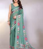 teal printed hand batik chiffon, georgette saree with blouse