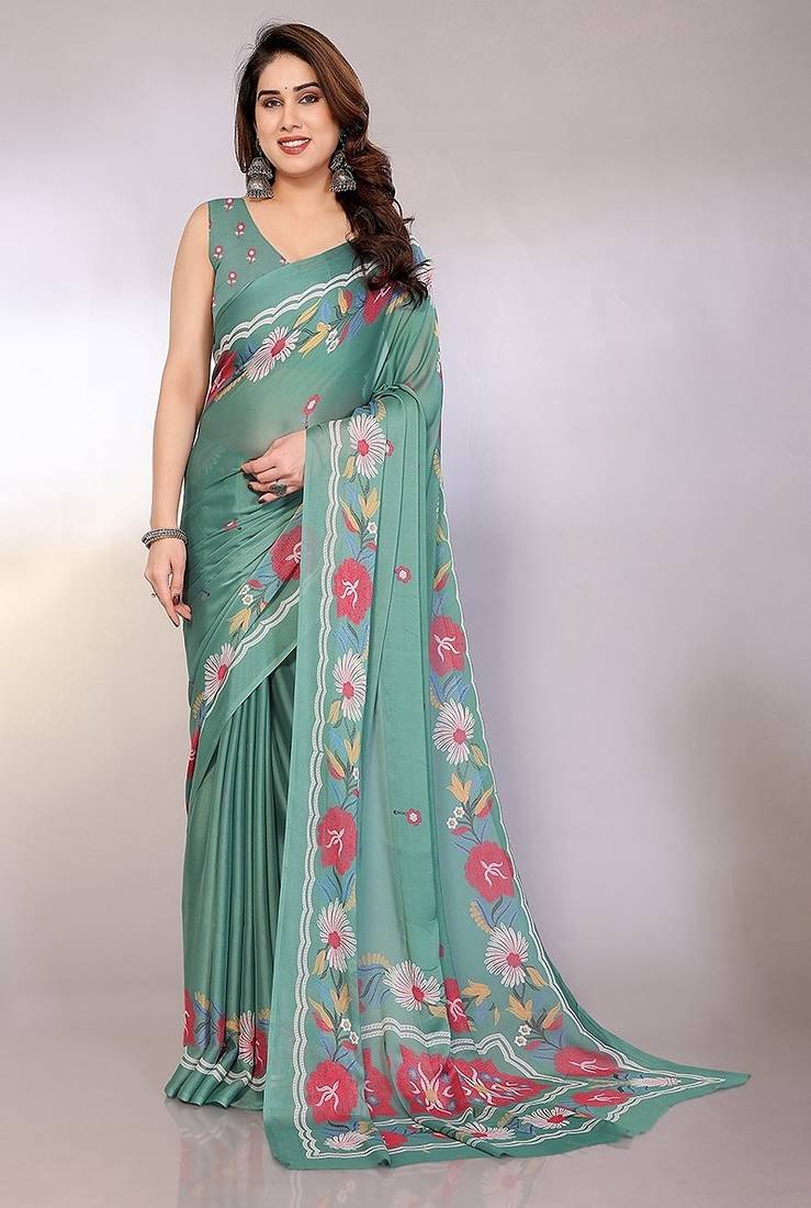 teal printed hand batik chiffon, georgette saree with blouse