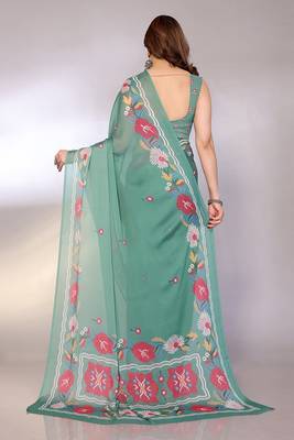 teal printed hand batik chiffon, georgette saree  with blouse 2