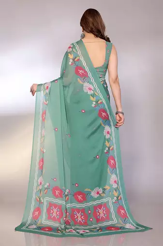 teal printed hand batik chiffon, georgette saree  with blouse