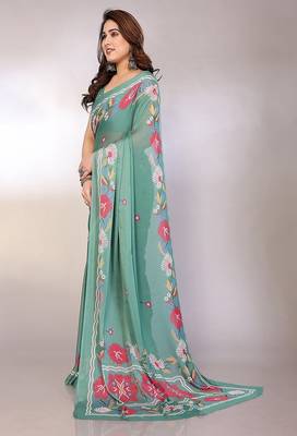 teal printed hand batik chiffon, georgette saree  with blouse 3