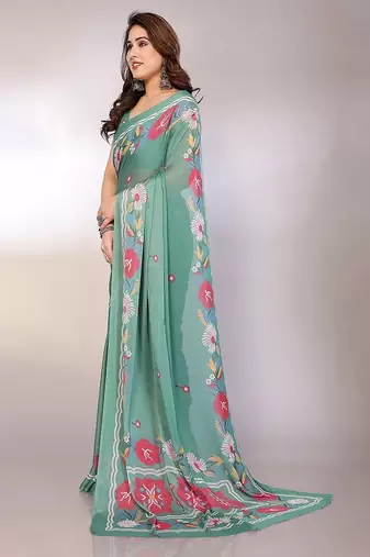 teal printed hand batik chiffon, georgette saree  with blouse